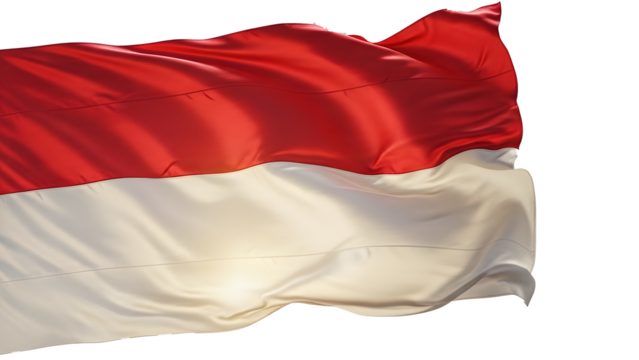 The red and white national flag of Indonesia waving proudly in the wind against a bright white background.