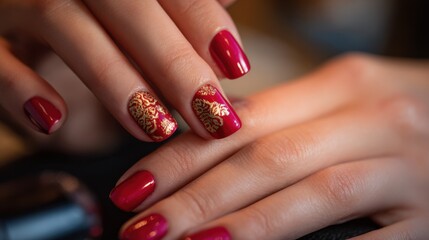 Elegant Red Nail Art with Gold Design on Woman's Hands