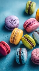 Colorful Macarons on a Blue Background