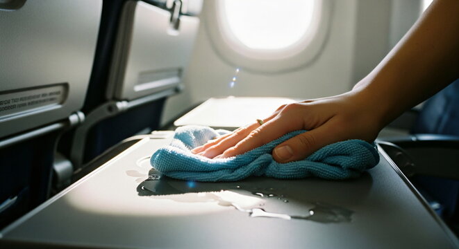 A hand wipes the armrest of an airplane seat with a blue cloth soaked in disinfectant. Information about passenger health and hygiene. Flight attendants and cleaning.