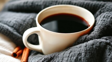 Cup of Coffee with Cozy Blanket and Cinnamon Stick