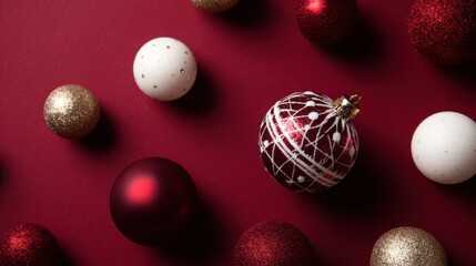 Colorful Christmas Ornaments on Red Background
