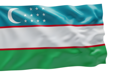 A vibrant flag of Uzbekistan waving gracefully against a clean white background.