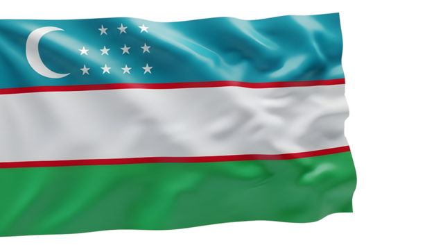 A vibrant flag of Uzbekistan waving gracefully against a clean white background.
