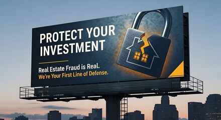 Real Estate Fraud Protection Billboard Advertisement with Padlock and House Icon at Dusk