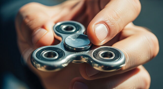 Person holding a silver fidget spinner in hand. Stress relief and anxiety reduction toy. Handheld gadget for focus and relaxation.