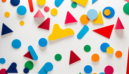 simple geometric abstract composition with colorful shapes including circles triangles and cones scattered on a white surface.