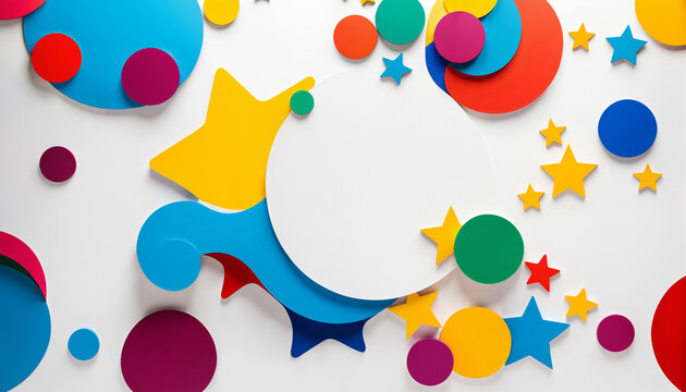 colorful abstract composition with stars circles and a central blank round frame for copy space.