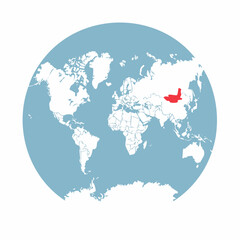 Naklejka premium Stylized world map globe illustration with the country of Mongolia highlighted in red.