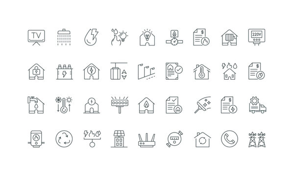 Electricity meter, heater thin black and red outline symbols vector illustration. Public utilities contract for electric energy and gas, water supply, repair and maintenance services line icon set