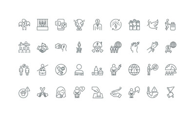 Bullying and abuse, alcohol and smoking addiction thin black and red outline symbols vector illustration Global social issues, poverty and homeless people, crime and eco problem, war line icon set.