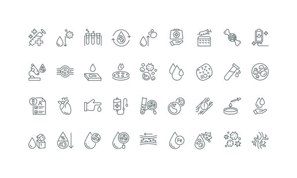 Measure white and red blood cells, platelet, hemoglobin thin outline symbols vector illustration Blood test in laboratory and cardiovascular disease diagnosis, circulation, transfusion line icon set.
