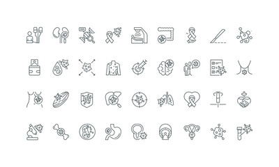 Tumor markers and target therapy for patient, tumor cell pathology, chemotherapy thin black and red outline symbols vector illustration Oncology, cancer diagnosis and treatment line icon set.