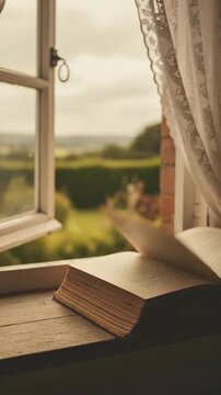 Open book rests by a window with a soft country view