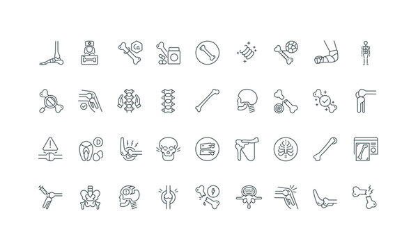 Vitamin D and calcium for strength, anatomy thin black and red outline symbols vector illustration Human bones and joints of skeleton, orthopedic prevention, treatment and physiotherapy line icon set.