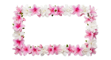 A beautiful rectangular frame made of fresh pink and white azalea flowers, creating a natural border isolated on a white background