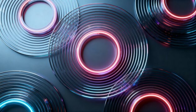 Abstract background with glowing neon rings and metallic circles. Futuristic technology concept with red and blue circular lights. Modern geometric pattern design