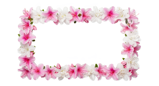 A beautiful rectangular frame made of fresh pink and white azalea flowers, creating a natural border isolated on a white background