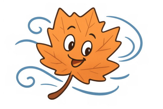 Maple leaf cartoon character smiling and blowing in the autumn wind, transparent background - Powered by Adobe