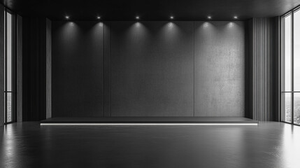 Dark black empty architectural interior studio with minimalistic walls and spacious backdrop ideal for product display modern design clean lines 3D rendering highlighting simplicity and elegance