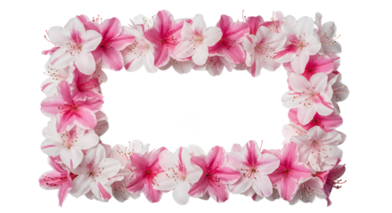 A captivating display of fresh pink and white blossoms meticulously arranged to form an elegant rectangular floral frame, set against a pristine white background for versatile design use