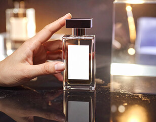 Close-Up of a Hand Holding a Transparent Luxury Perfume Bottle with Blank Label on a Glossy Reflective Surface, Featuring Warm Ambient Lighting for Premium Fragrance Branding and Product Presentation