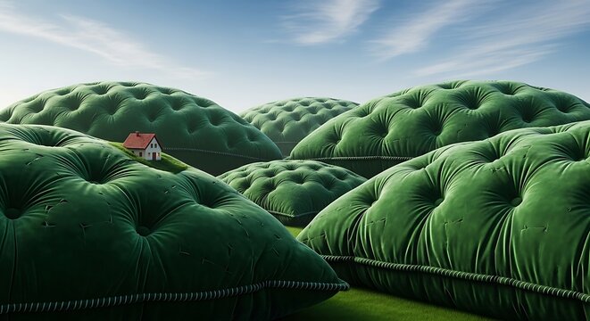 A tiny house sits on a surreal landscape of rolling hills made from giant green tufted velvet cushions.