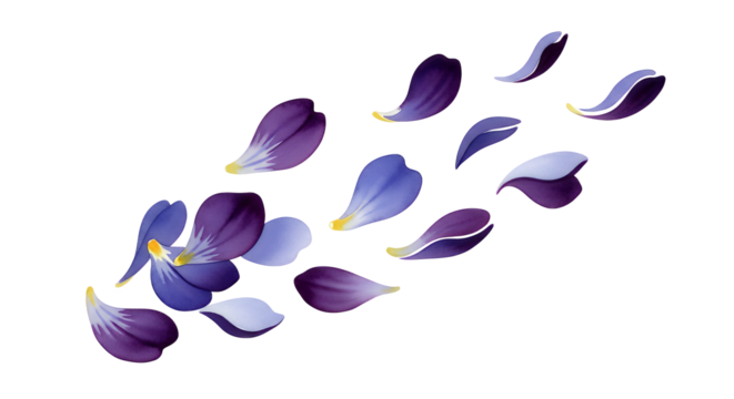 Petals in Flight A Dynamic Composition of Purple and Blue Flower Pieces