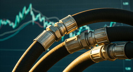Hydraulic hoses with connectors covered in water droplets with a blue financial chart in the background, power of industry footage