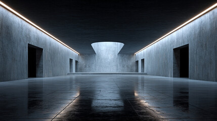 Dark black empty architectural interior studio with minimalistic walls and spacious backdrop ideal for product display modern design clean lines 3D rendering highlighting simplicity and elegance