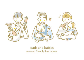 若いお父さんと赤ちゃんのセット　手描き水彩風のお洒落な線画イラスト