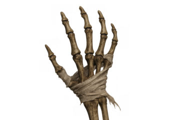 Skeleton hand showing bones with old bandages, halloween decoration and horror concept, transparent background