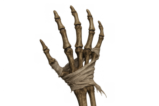 Skeleton hand showing bones with old bandages, halloween decoration and horror concept, transparent background