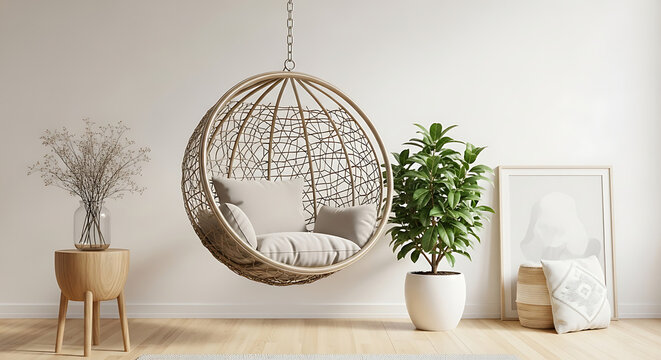 Interior of a modern living room with hanging chair, plant, frame and white wall