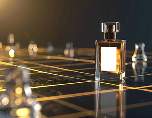 Elegant luxury perfume bottle placed on a glossy chessboard with warm golden lighting and blurred glass chess pieces, creating a sophisticated, premium, and artistic product scene