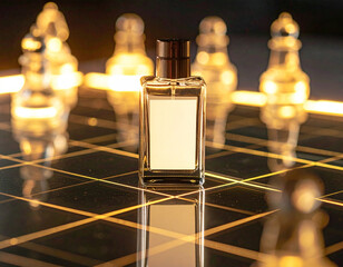Elegant luxury perfume bottle standing on a glossy chessboard with glowing golden lights and glass chess pieces, creating a premium and sophisticated aesthetic