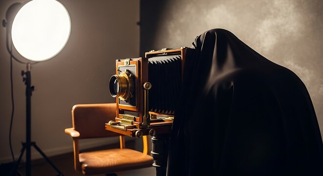 A photographer hidden under a dark cloth operates a vintage large format camera in a dimly lit studio.