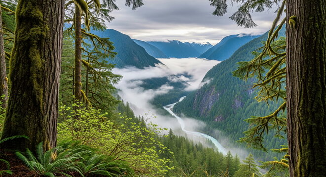 Breathtaking misty river valley framed by ancient trees, surrounded by lush forests and majestic mountains under an overcast sky.