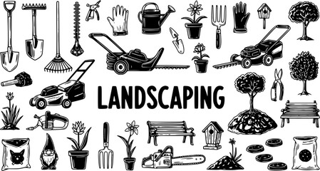Landscaping Elements: Hand-Drawn Vector Icons  Illustrations for Gardening  Outdoor Projects © abenail