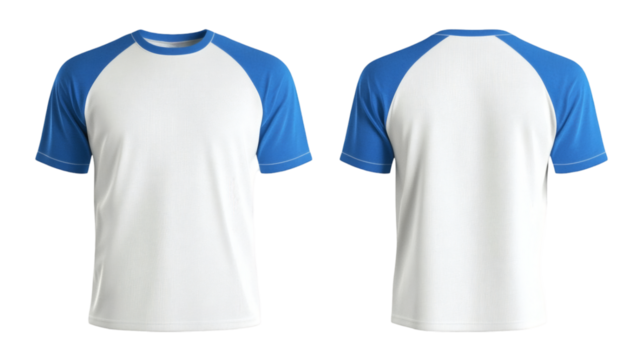 Plain White and Blue Raglan T-Shirt Mockup Front and Back Views 3D Rendering on transparent background