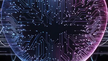 Glowing heart-shaped circuit board with interconnected lines on black backdrop - Powered by Adobe