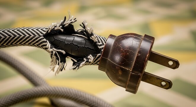 A close-up of a dangerously frayed and damaged vintage electrical power cord and plug, highlighting a safety hazard.