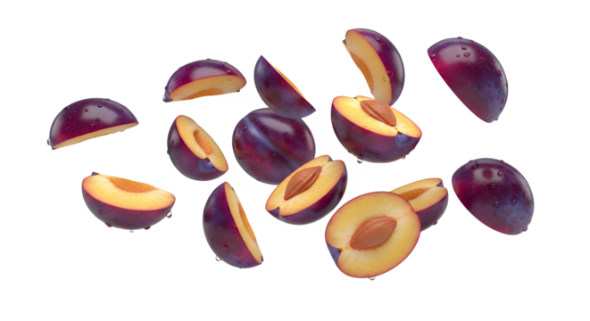 A dynamic arrangement of fresh ripe purple plums, some sliced in half revealing golden flesh and pits, isolated on a clean white background