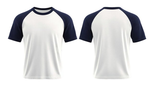 Plain White and Navy Raglan T-Shirt Mockup Front and Back Views 3D Rendering on transparent background
