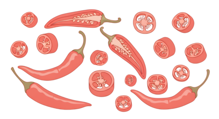 Vibrant collection of fresh red chili peppers, sliced and whole, showcasing their spicy texture and appetizing appearance
