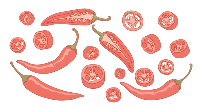 Vibrant collection of fresh red chili peppers, sliced and whole, showcasing their spicy texture and appetizing appearance