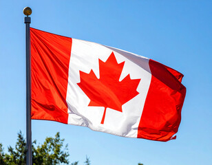 Canadian flag waving in the wind, blue sky. AI