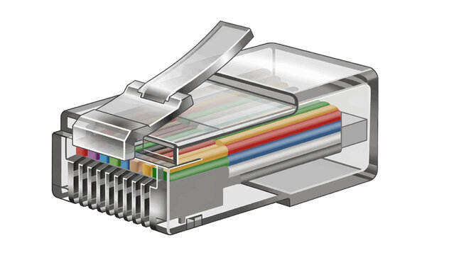 Vector illustration&nbsp;of closeup view of an rj45 connector with colorful wires, isolated on transparent background 
