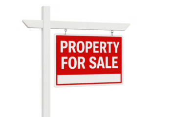 Red and white property for sale sign on a transparent background, depicting real estate transactions and home selling