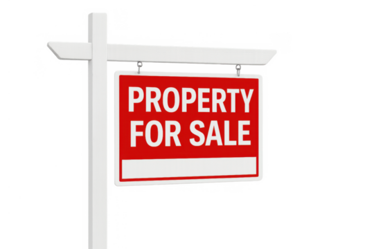 Red and white property for sale sign on a transparent background, depicting real estate transactions and home selling